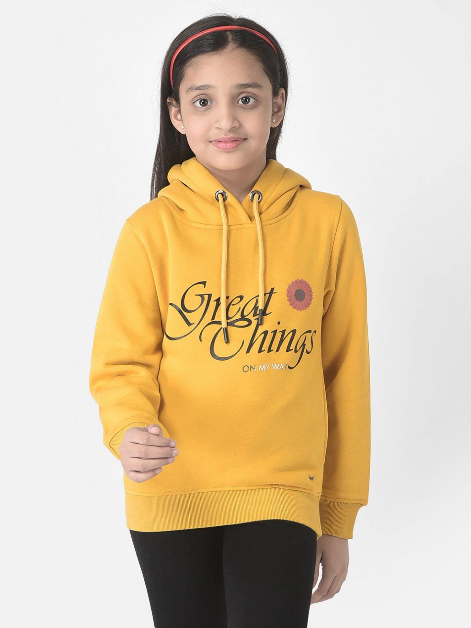 girls mustard typographic hoodie