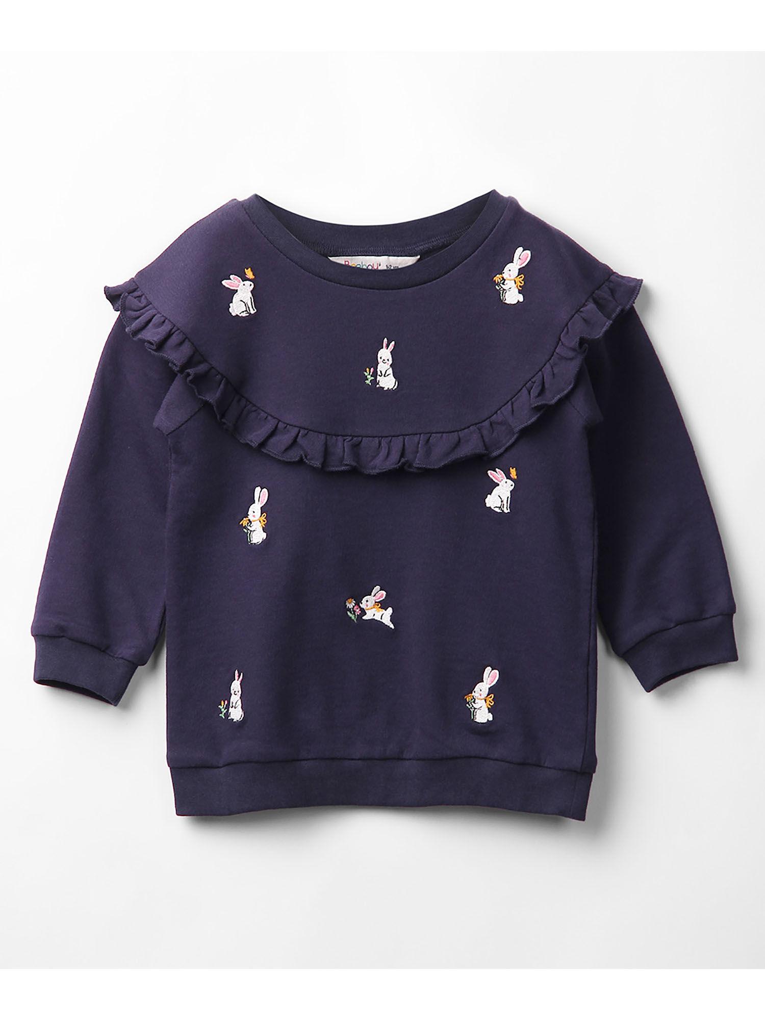 girls navy blue bunny embroidery hip length sweatshirt