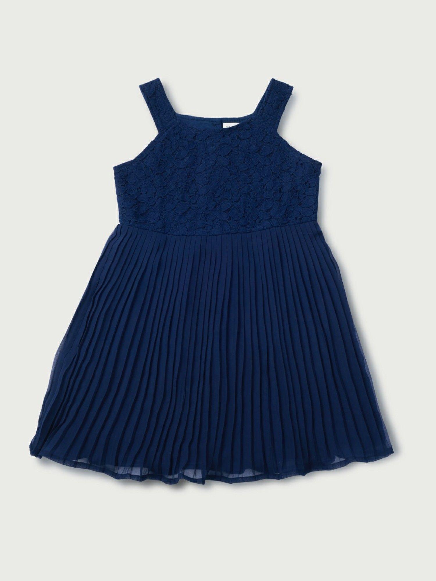 girls navy blue cotton pleated dress