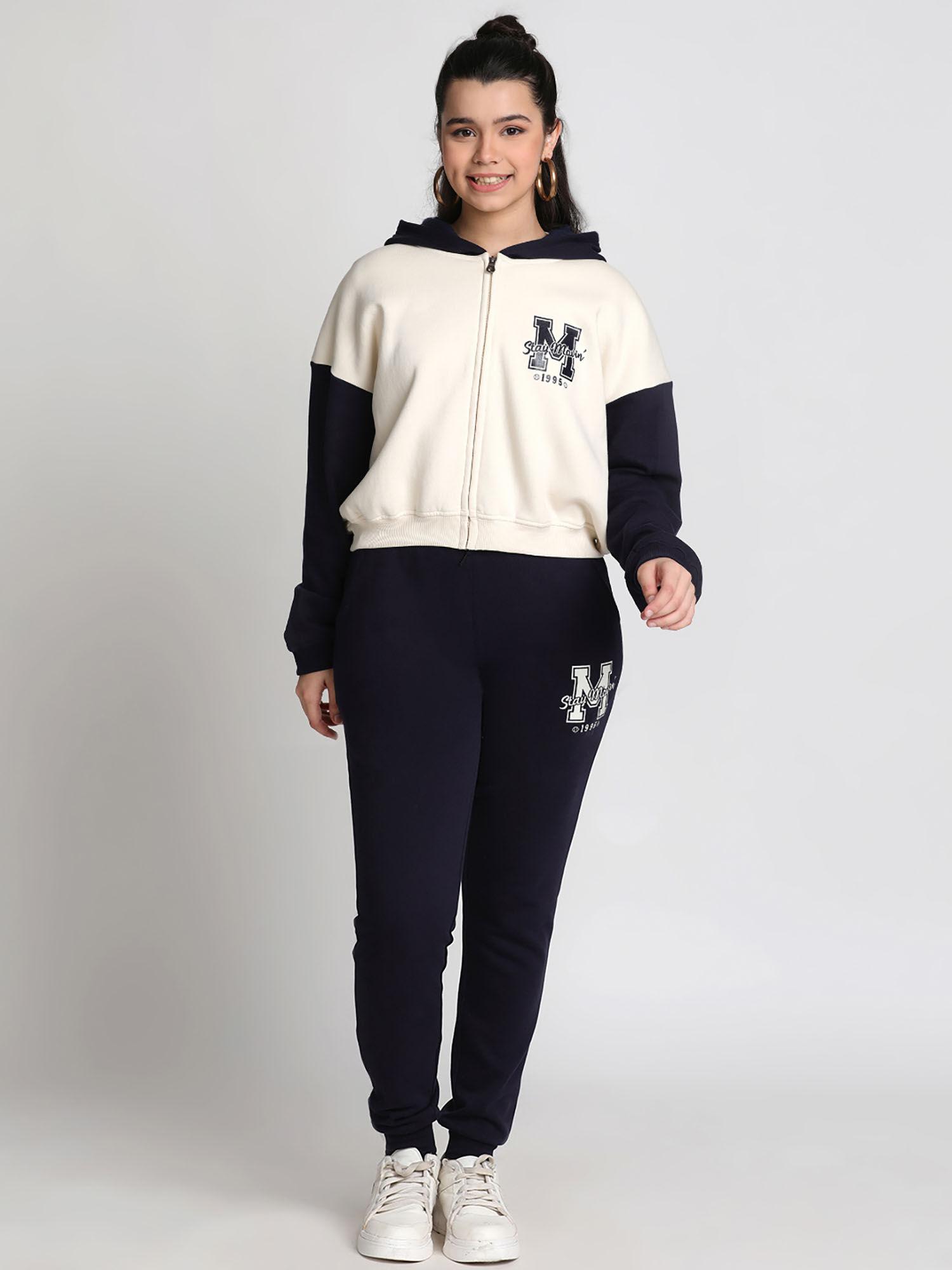 girls navy blue heavy weight cotton fleece hoodie with joggers (set of 2)
