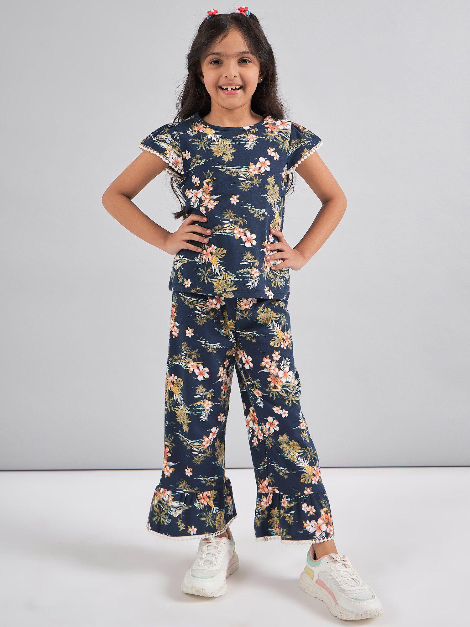 girls navy blue printed top and pyjama (set of 2)