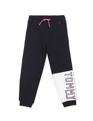 girls navy embroidered logo colour block joggers