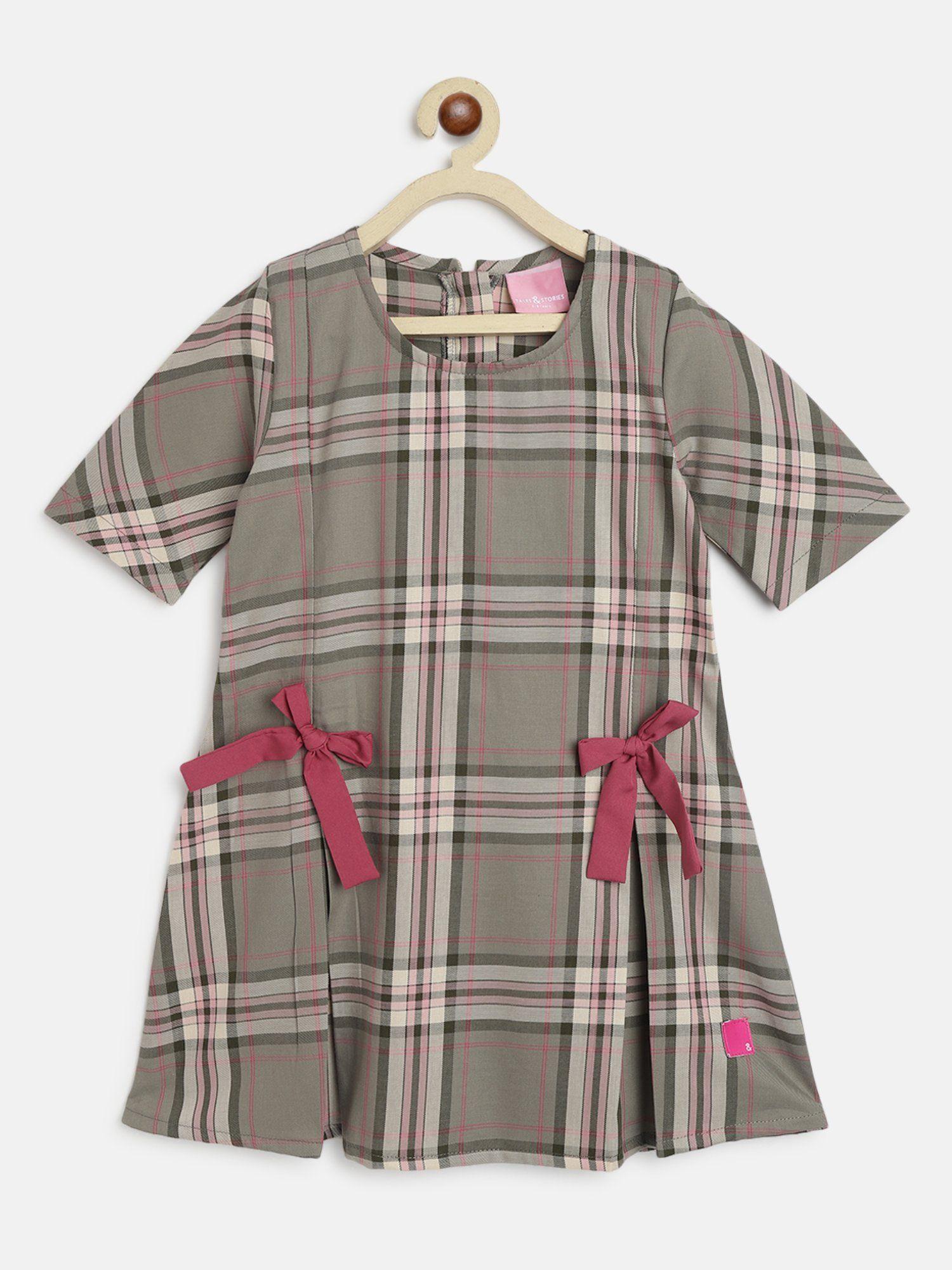 girls olive 100% cotton half sleeves regular fit checks dress
