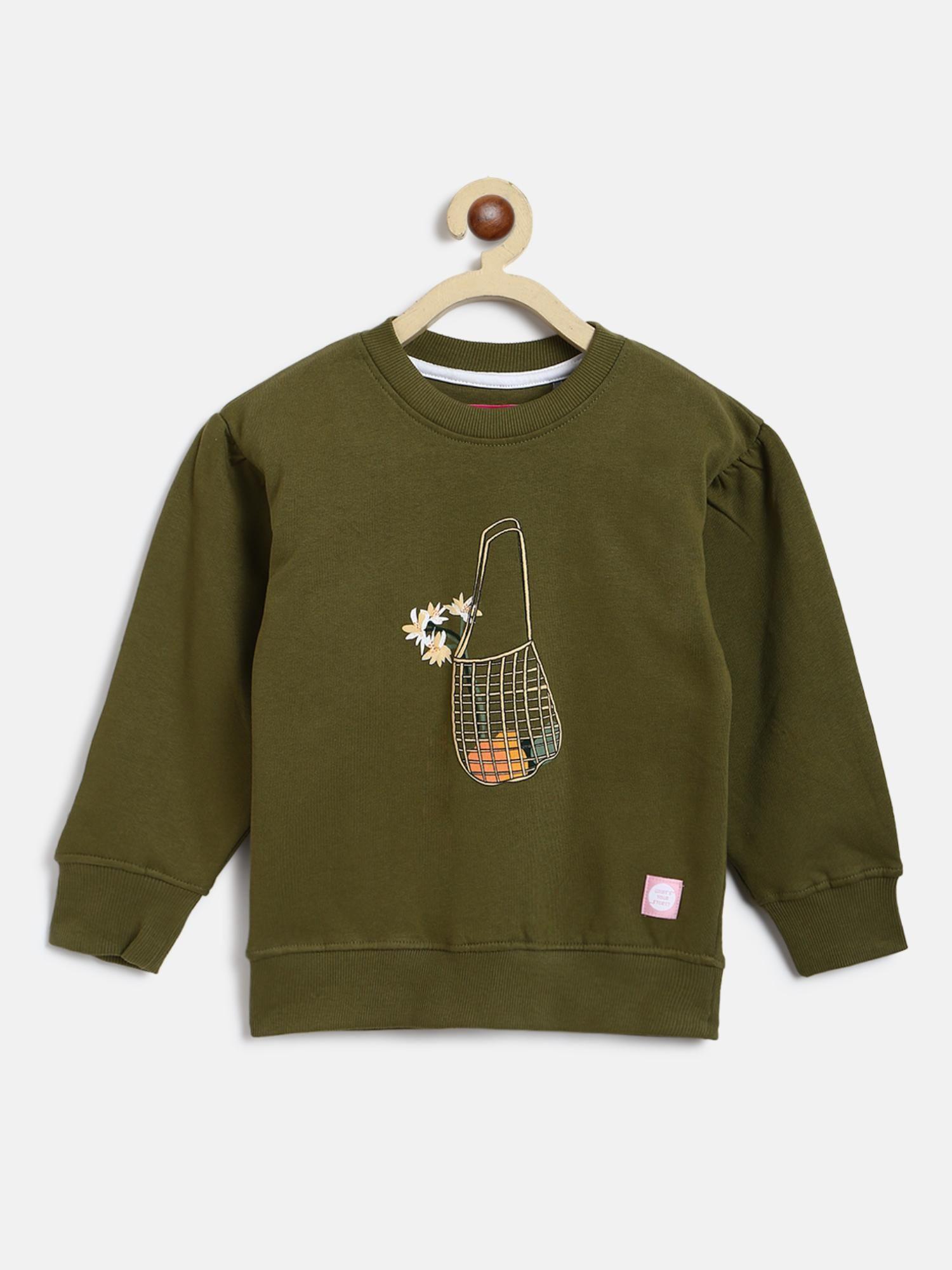girls olive poly cotton hd printed sweatshirt