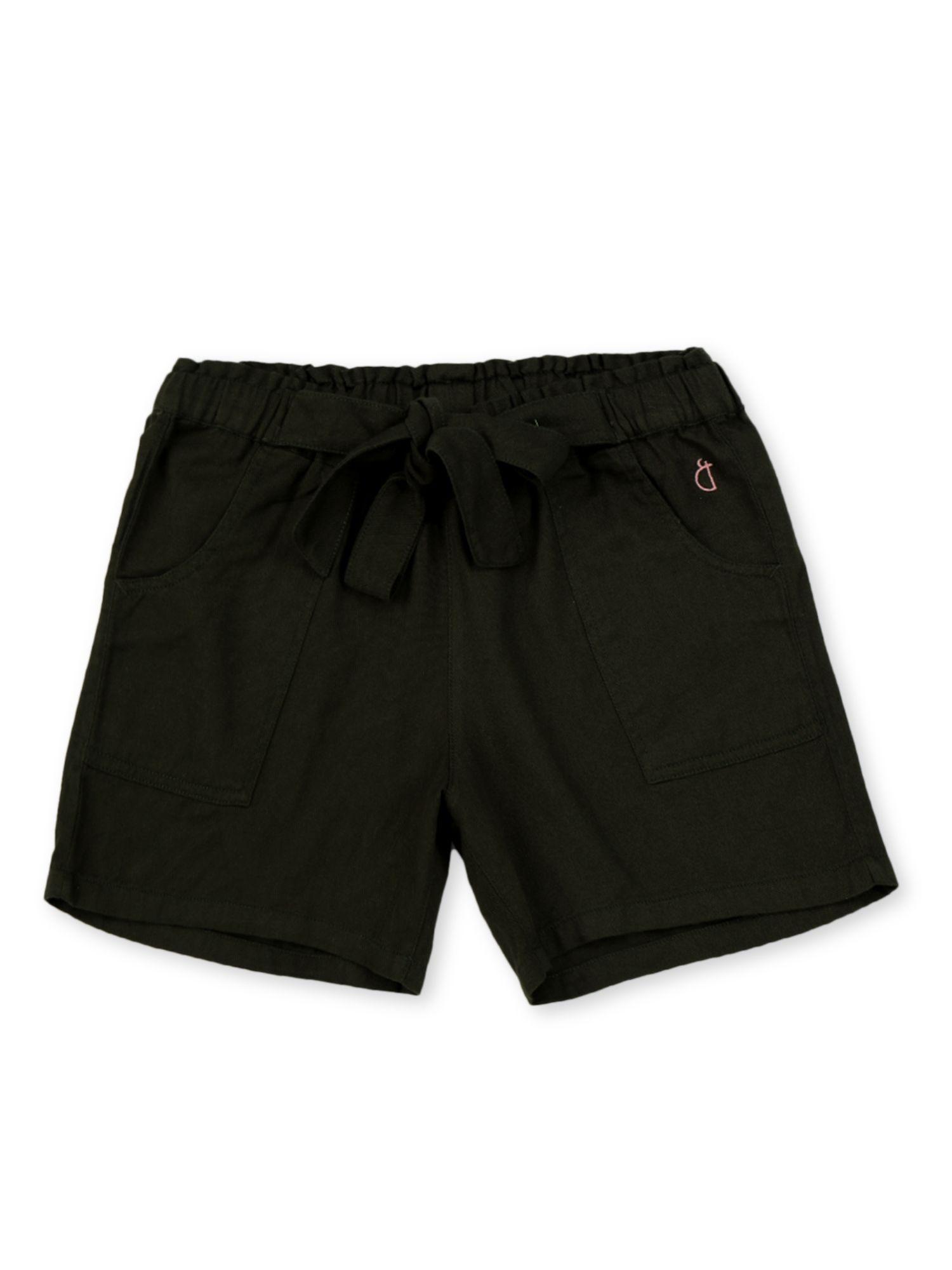 girls olive solid cotton elasticated shorts