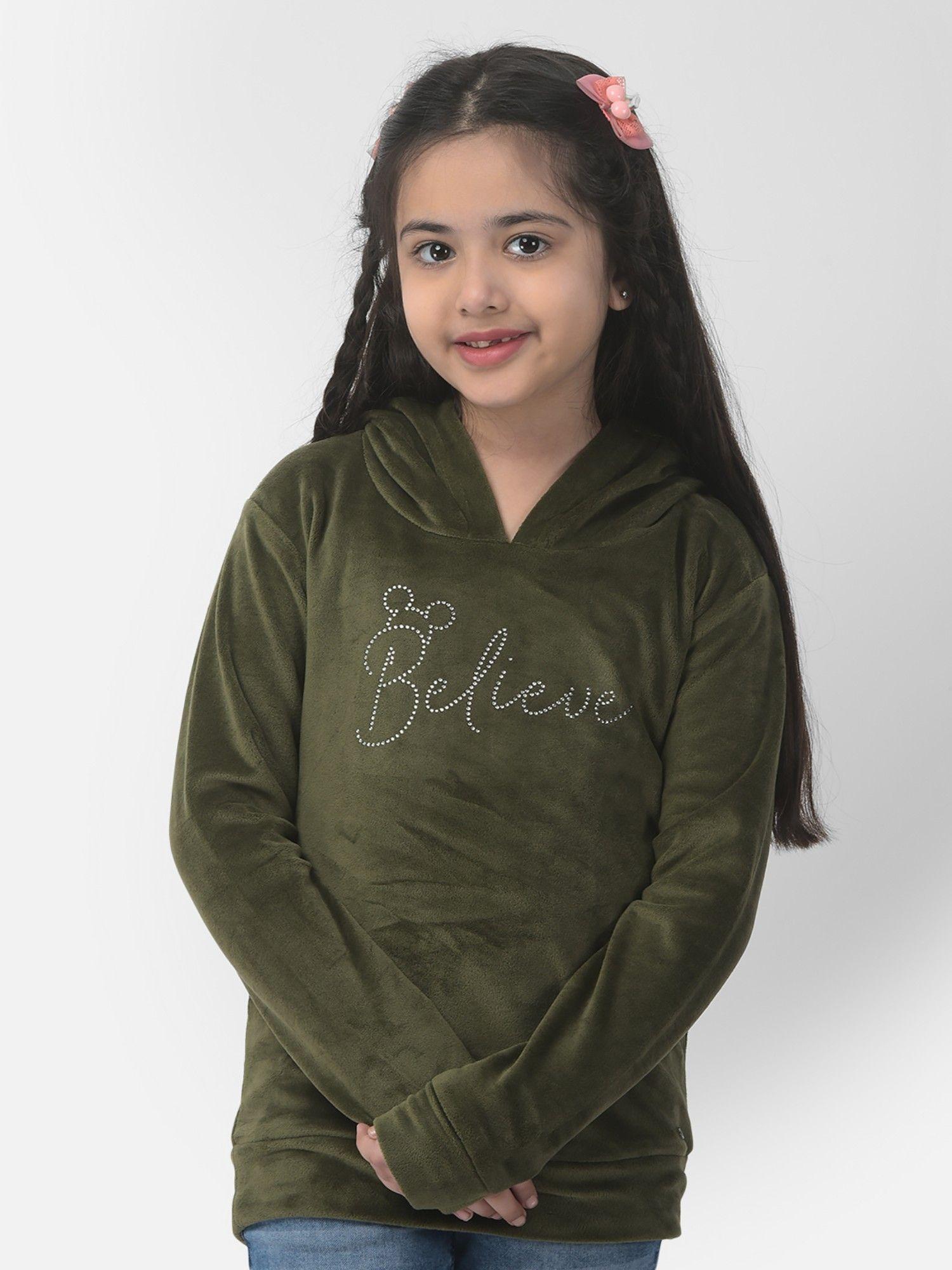 girls olive velvet believe sweatshirt