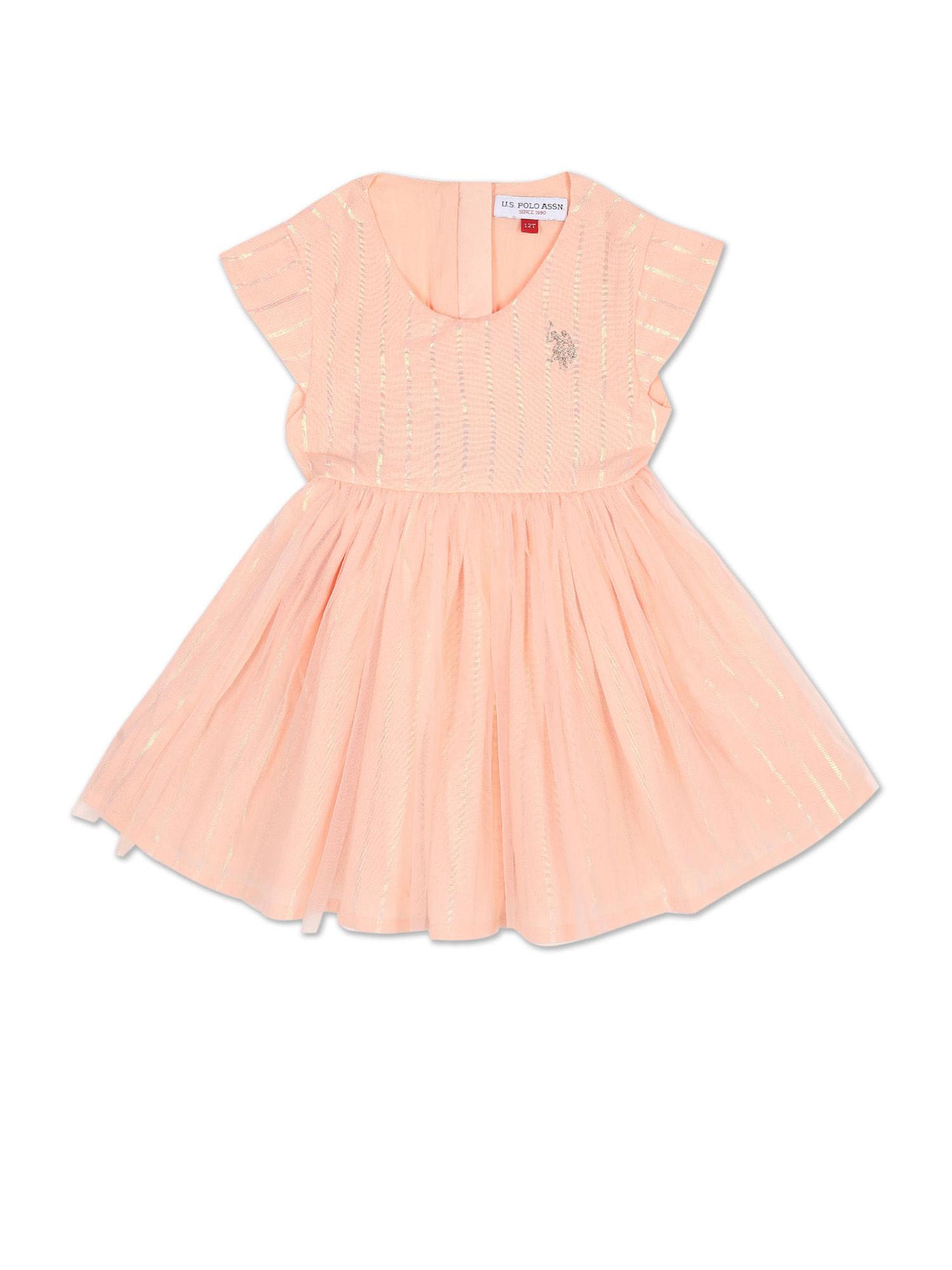 girls-peach-cap-sleeve-stripes-fit-and-flare-dress
