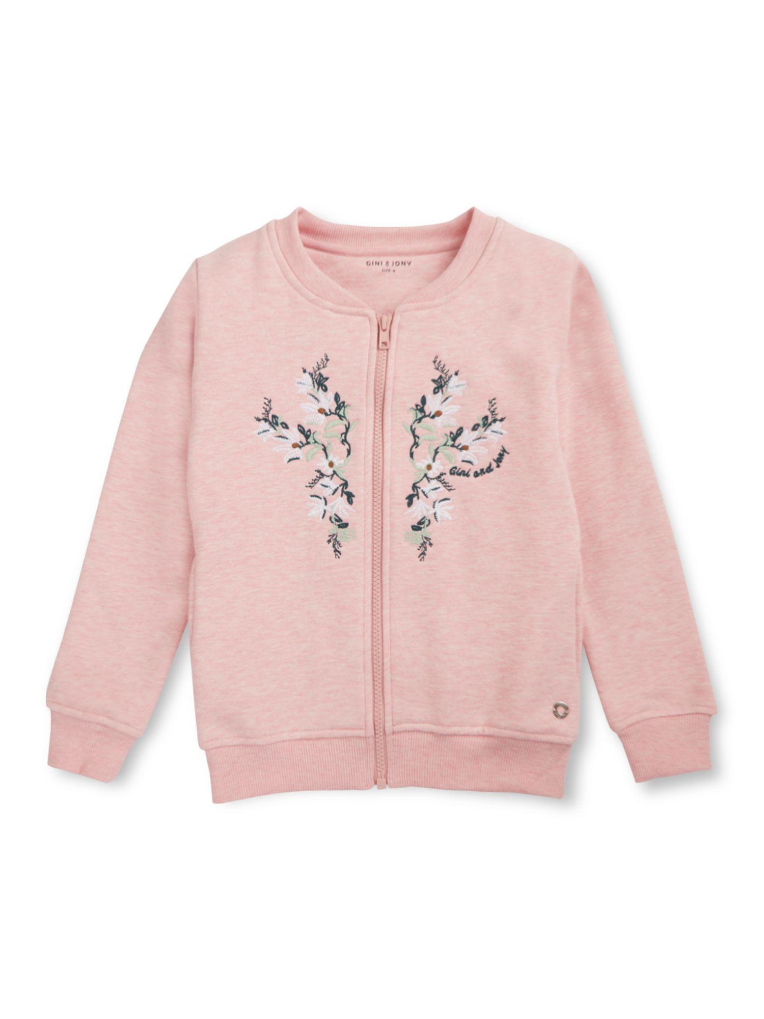 girls pink cotton full sleeves embroidered sweatshirt