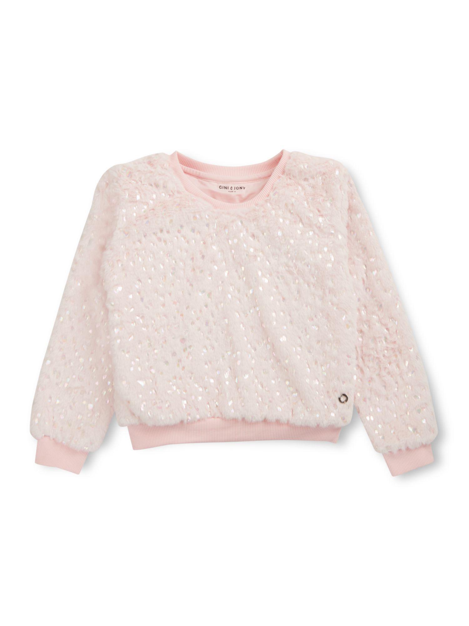 girls pink fleece full sleeves embellished sweatshirt