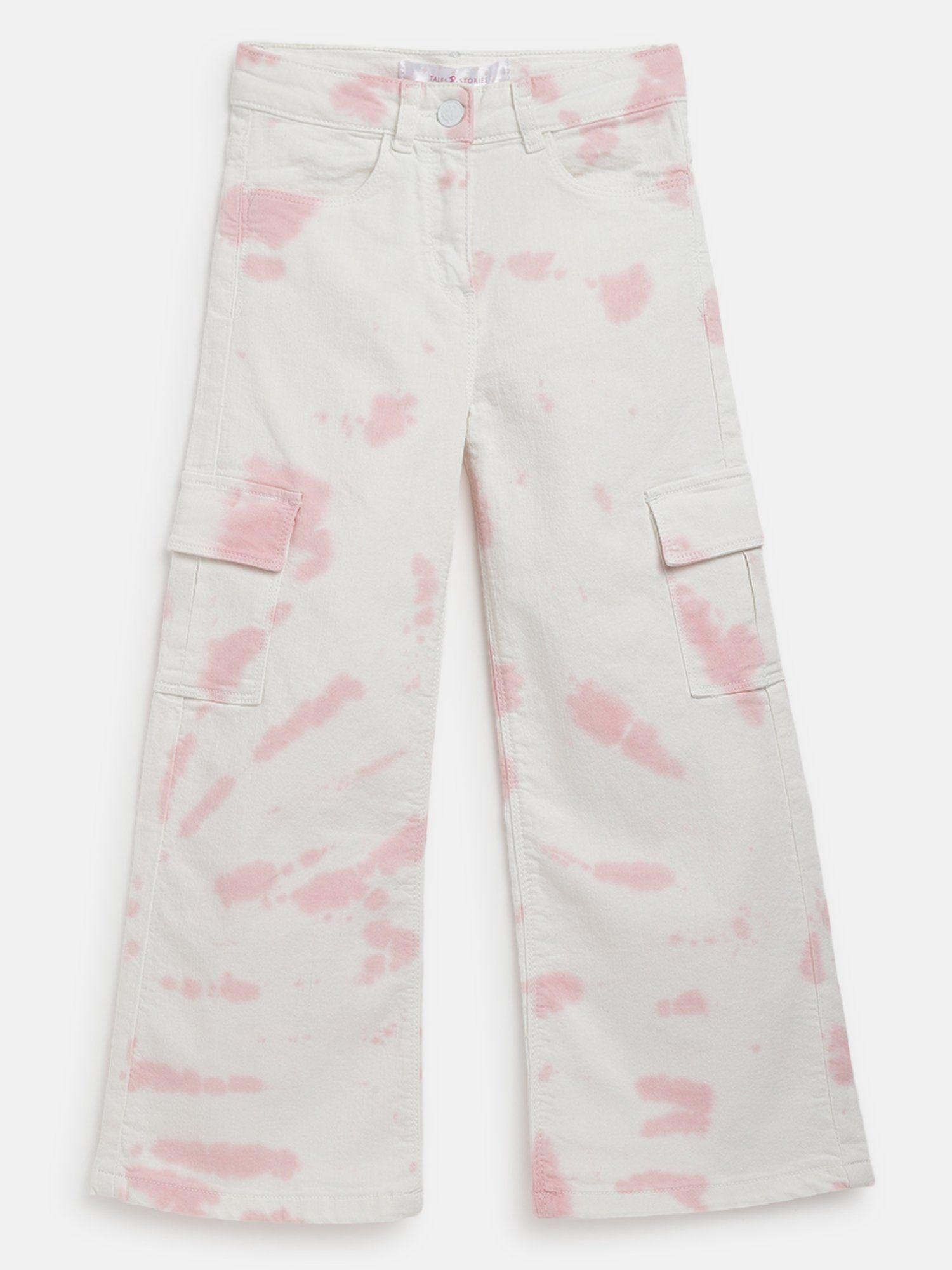 girls pink lycra flared cargo fit tie & dye cargo pants