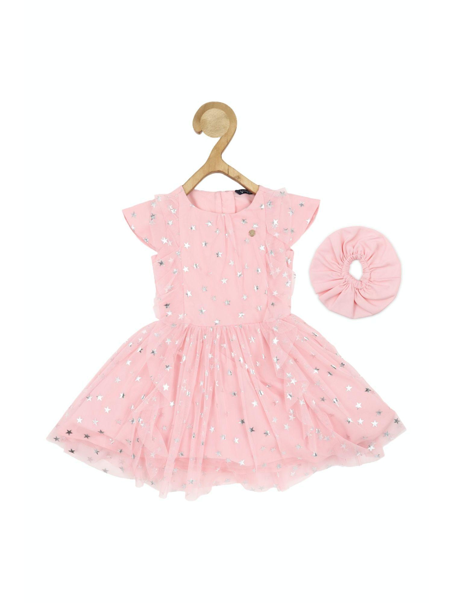girls pink print regular fit party frock (set of 2)