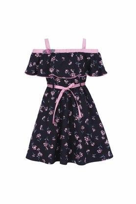 girls polyester floral printed dress - navy