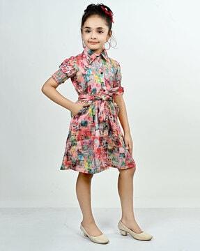 girls printed a-line dress with waist tie-up