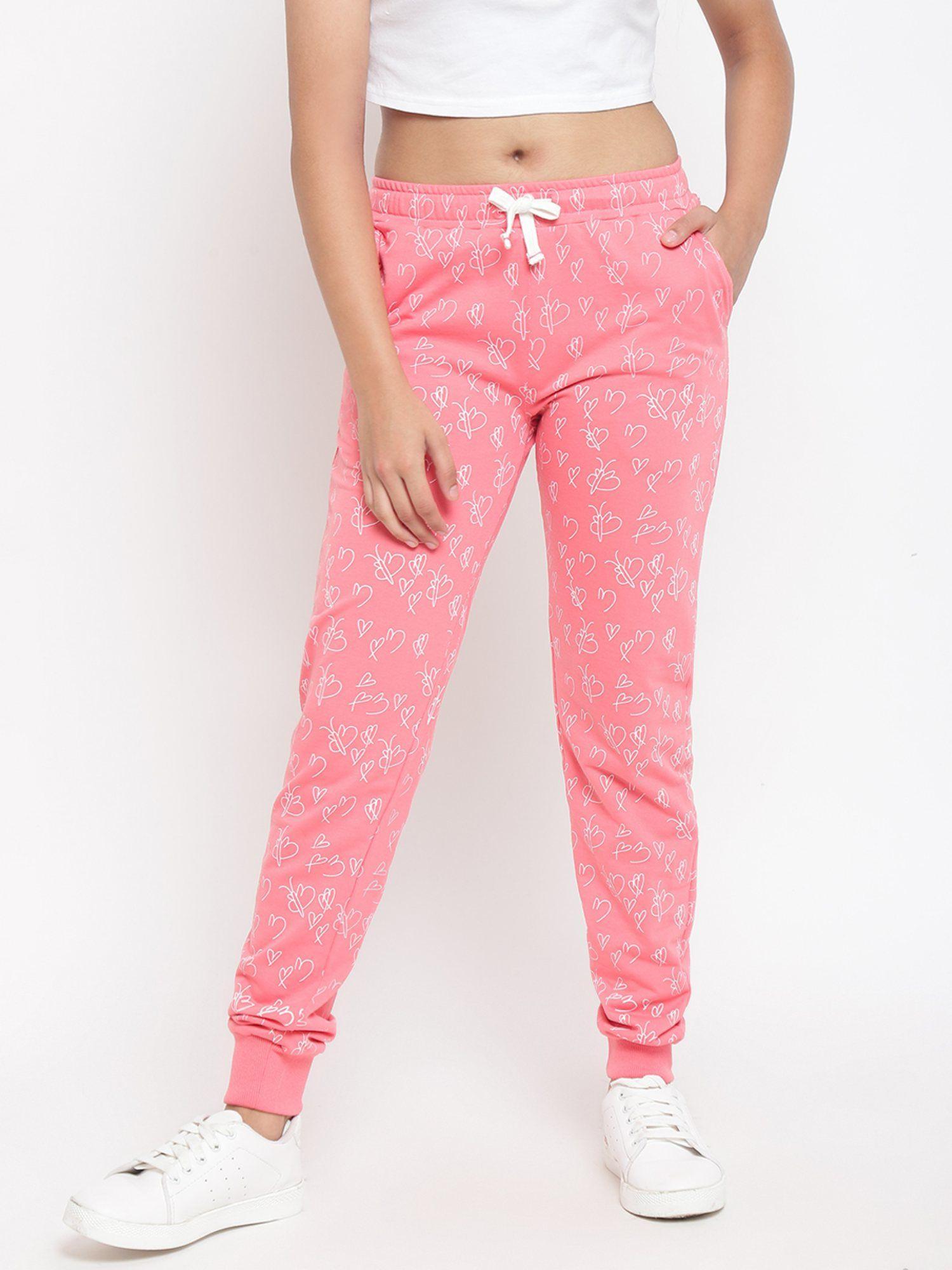girls printed cotton joggers pink