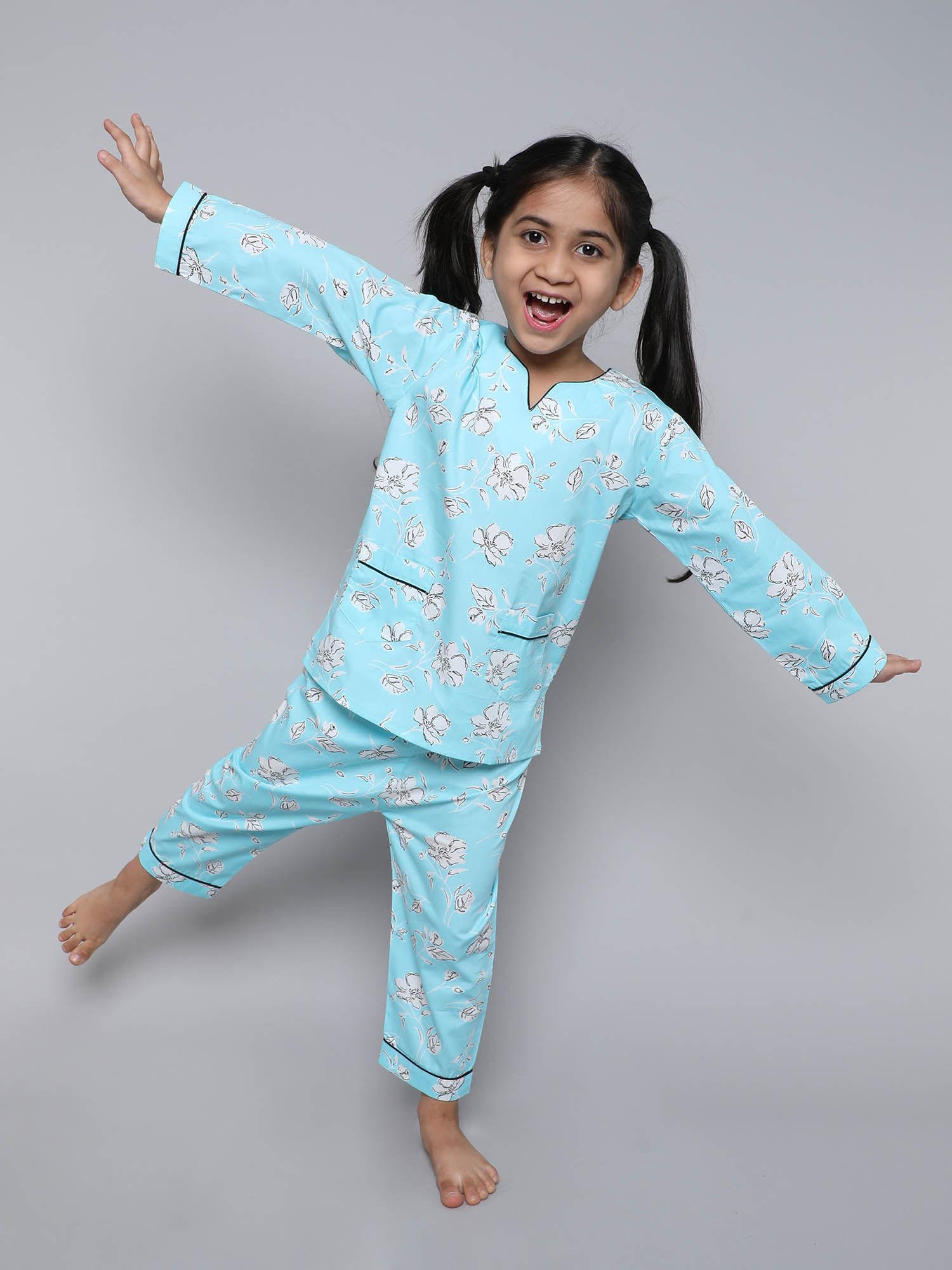 girls printed full sleeve top paired with matching pyjama - blue (set of 2)