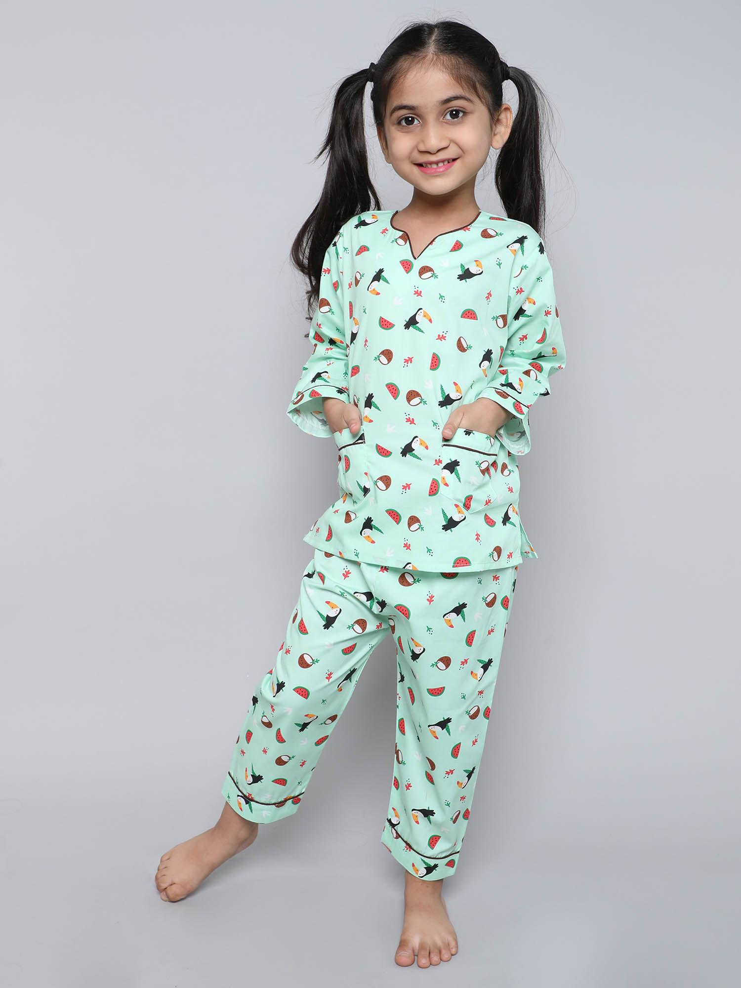 girls printed full sleeve top paired with matching pyjama - green (set of 2)