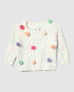girls printed pullover with pom-pom