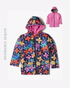 girls printed regular fit reversible hooded jacket