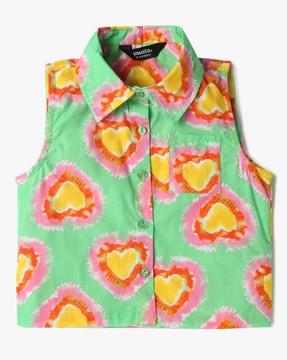 girls printed relaxed fit shirt with patch pocket