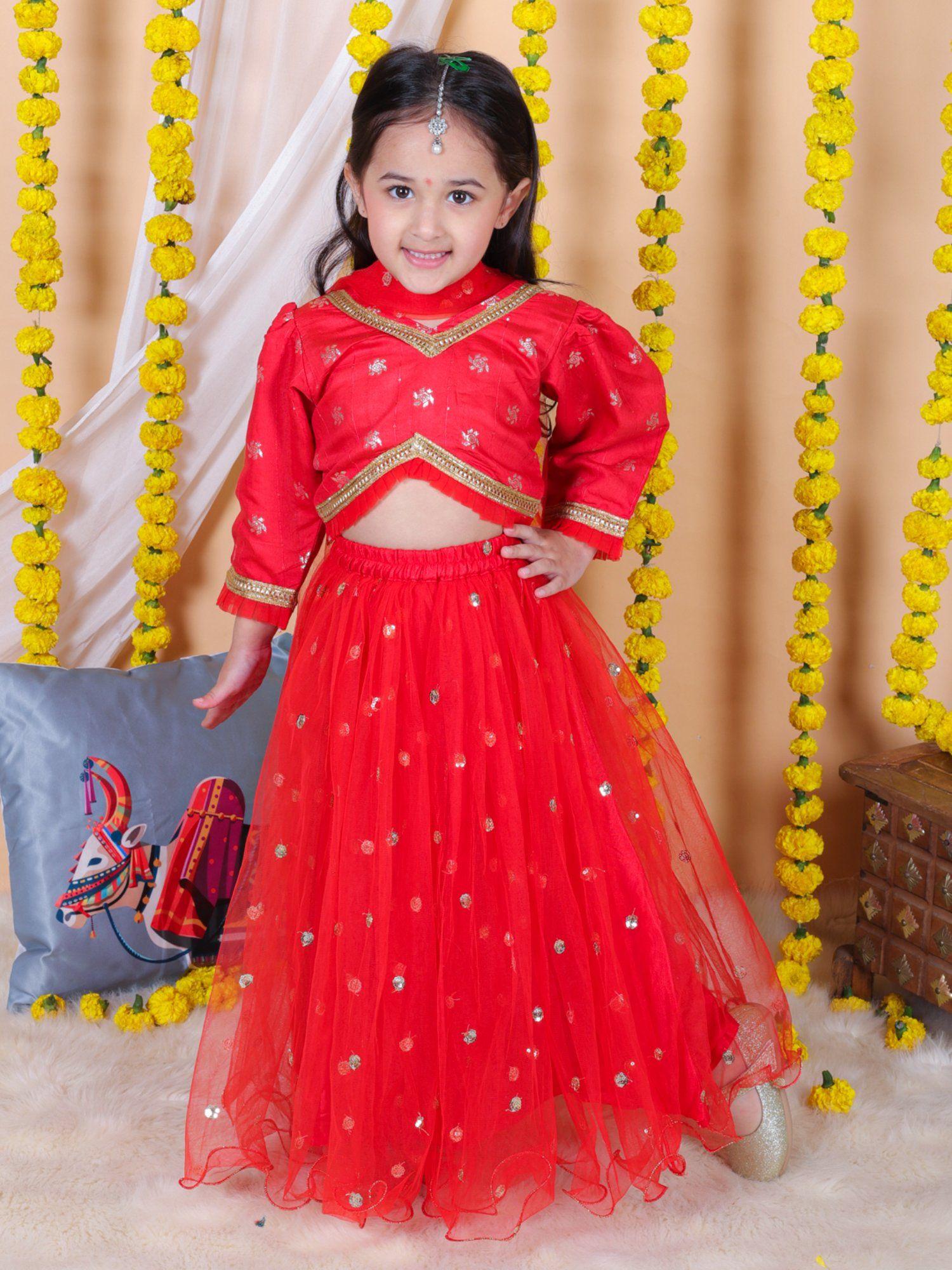 girls pure chanderi silk party wear lehenga choli with dupatta red (set of 3)
