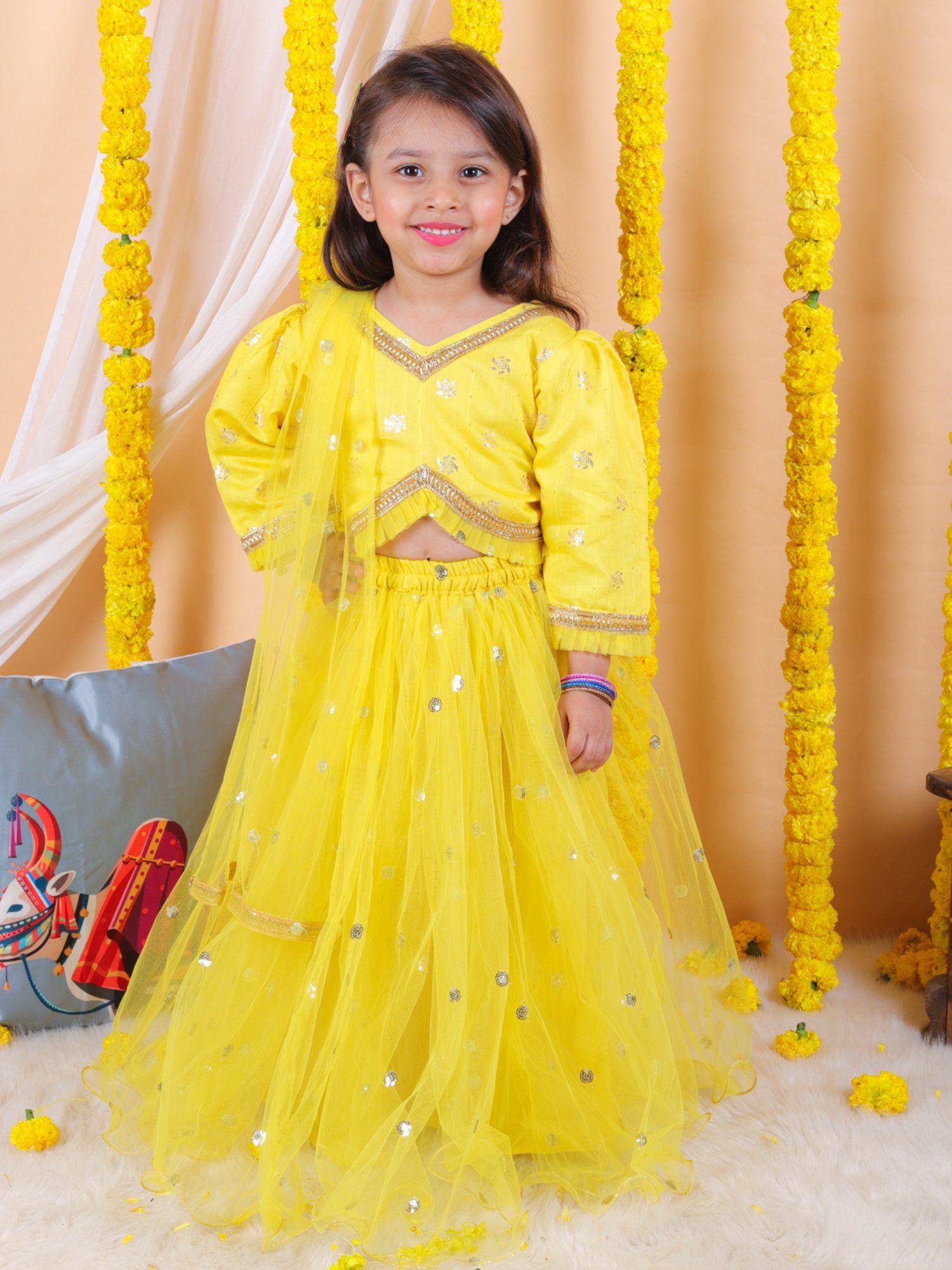 girls pure chanderi silk party wear lehenga choli with dupatta yellow (set of 3)