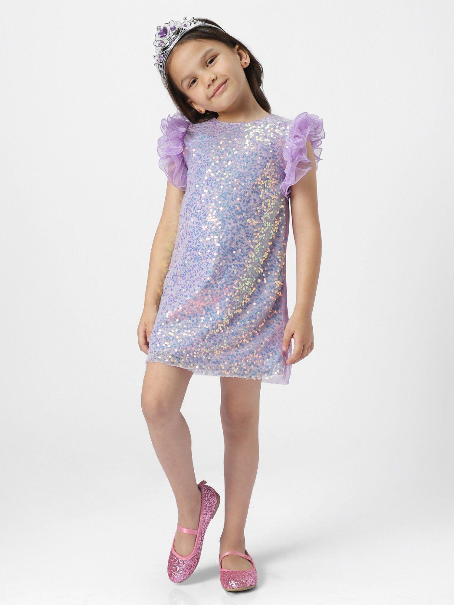 girls purple embellished flutter sleeves sequinned net sheath mini dress
