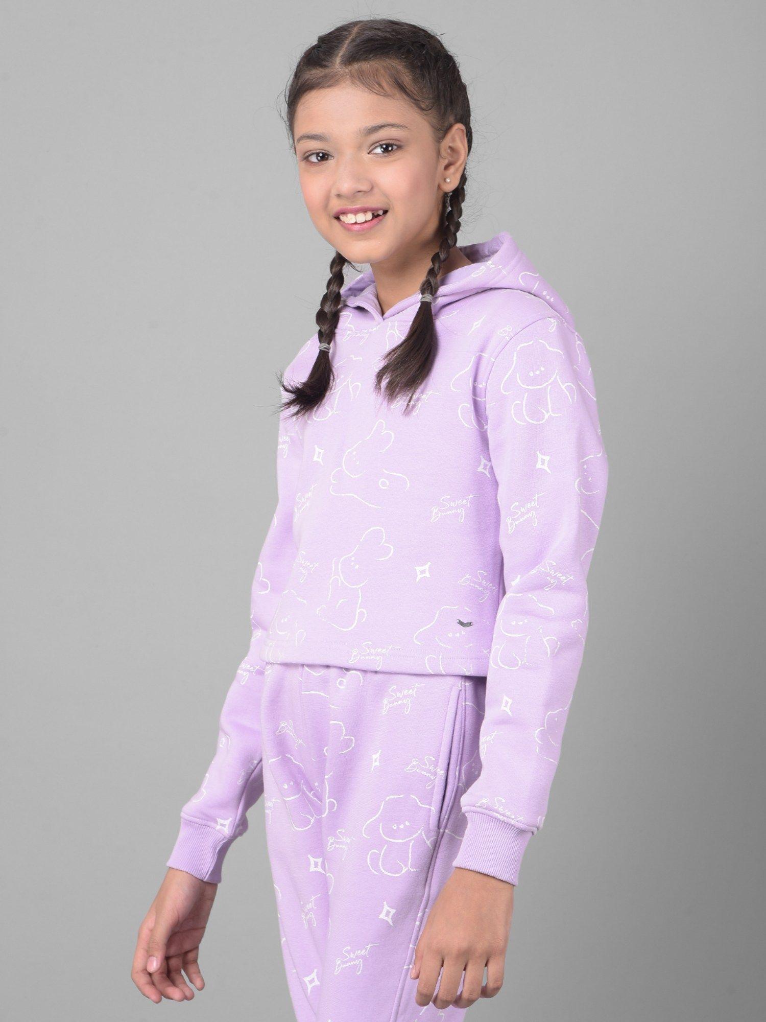 girls purple printed crop length hooded sweatshirt