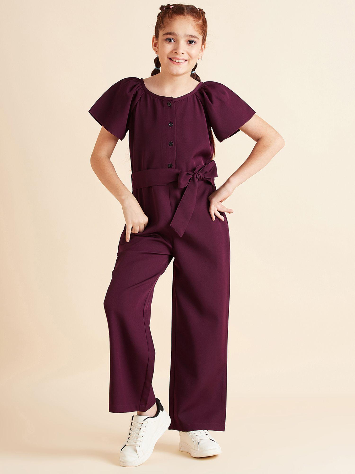 girls purple solid full length jumpsuit with belt (set of 2)