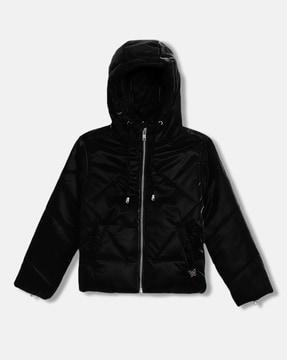 girls quilted zip-front hooded jacket with zip closure