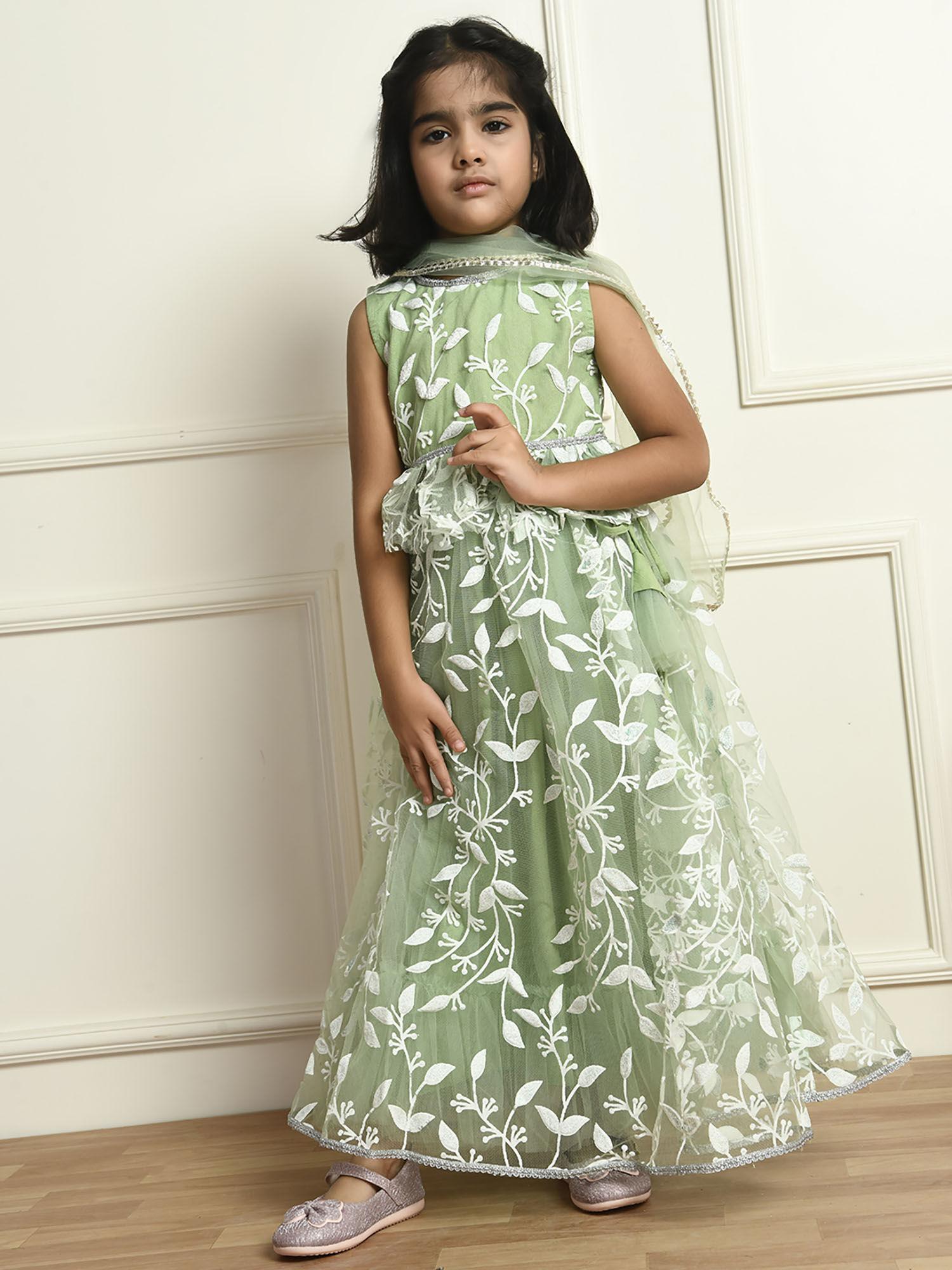 girls ready to wear lehenga & blouse with dupatta green (set of 3)