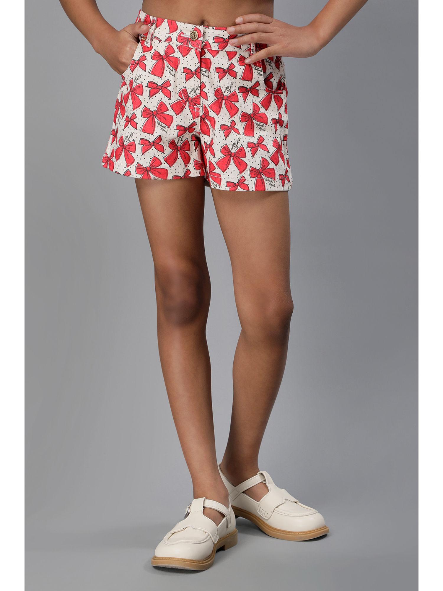 girls red & white bow printed cotton short