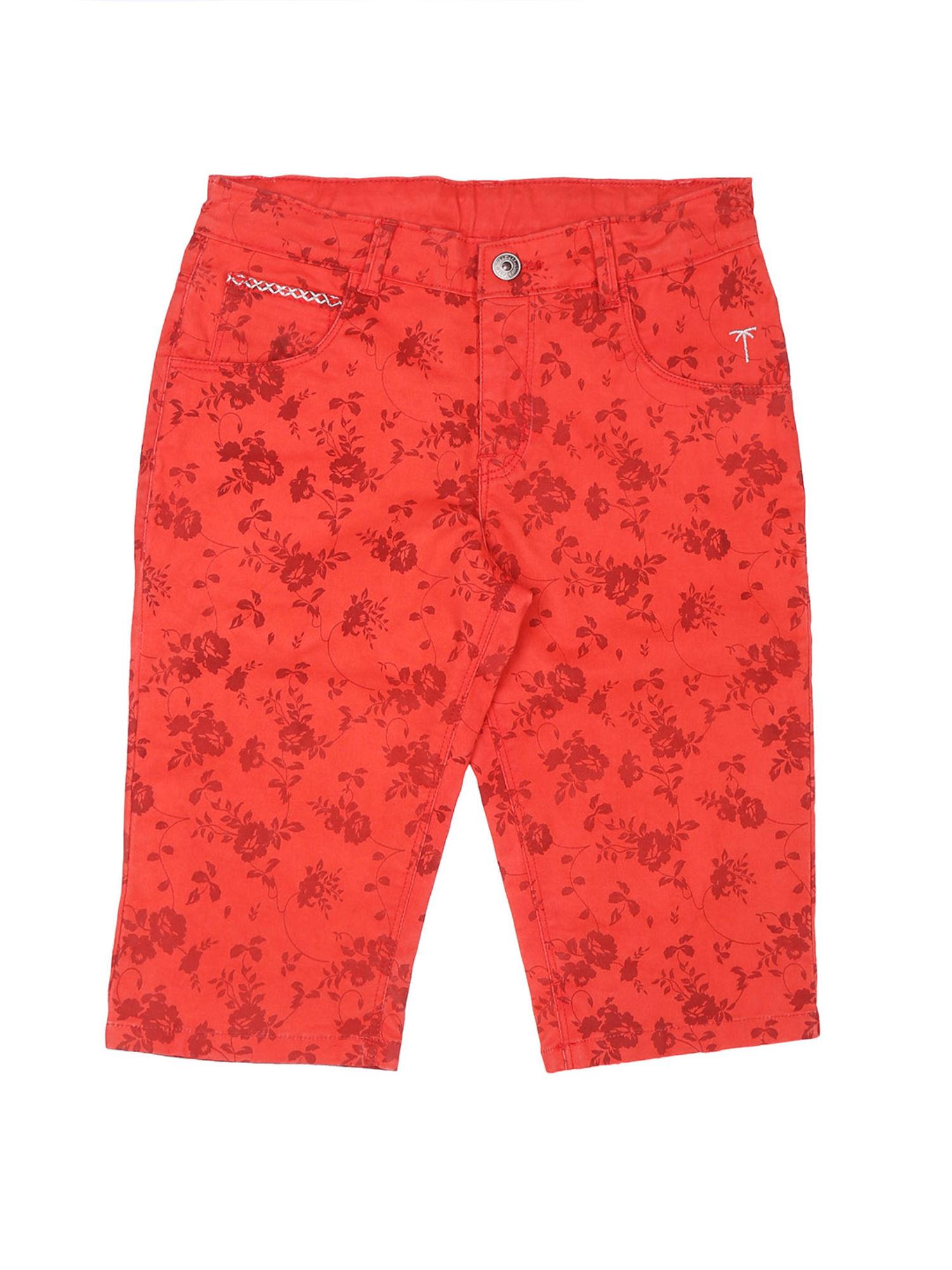 girls red cotton floral print pedal pusher fixed waist capri