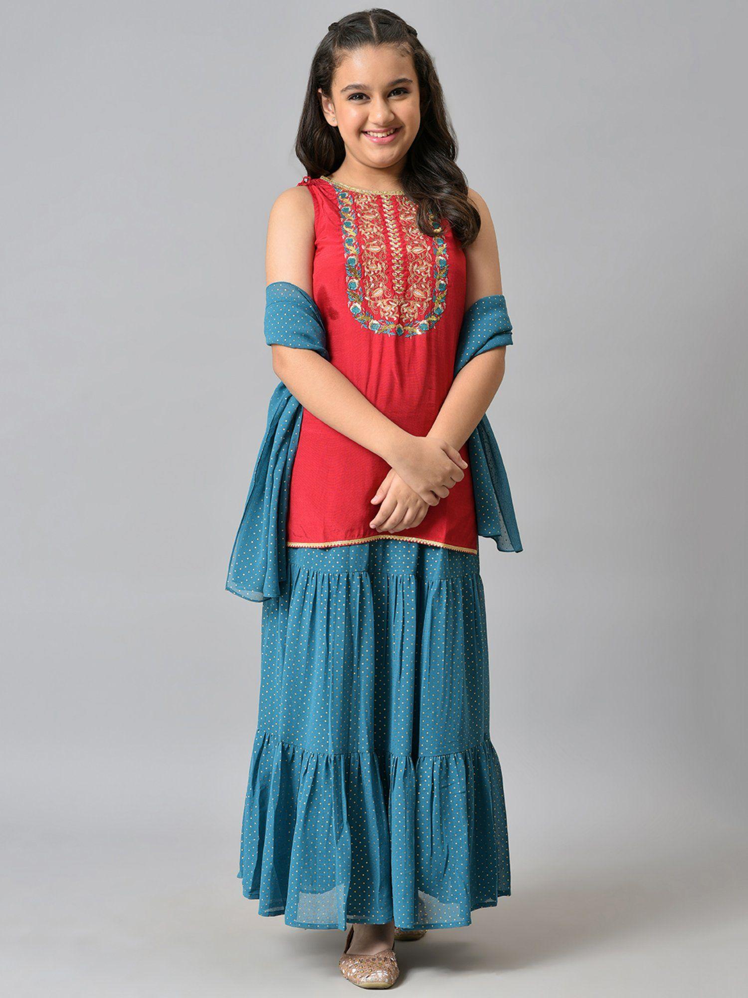 girls red embroidered kurta with blue skirt and dupatta (set of 3)
