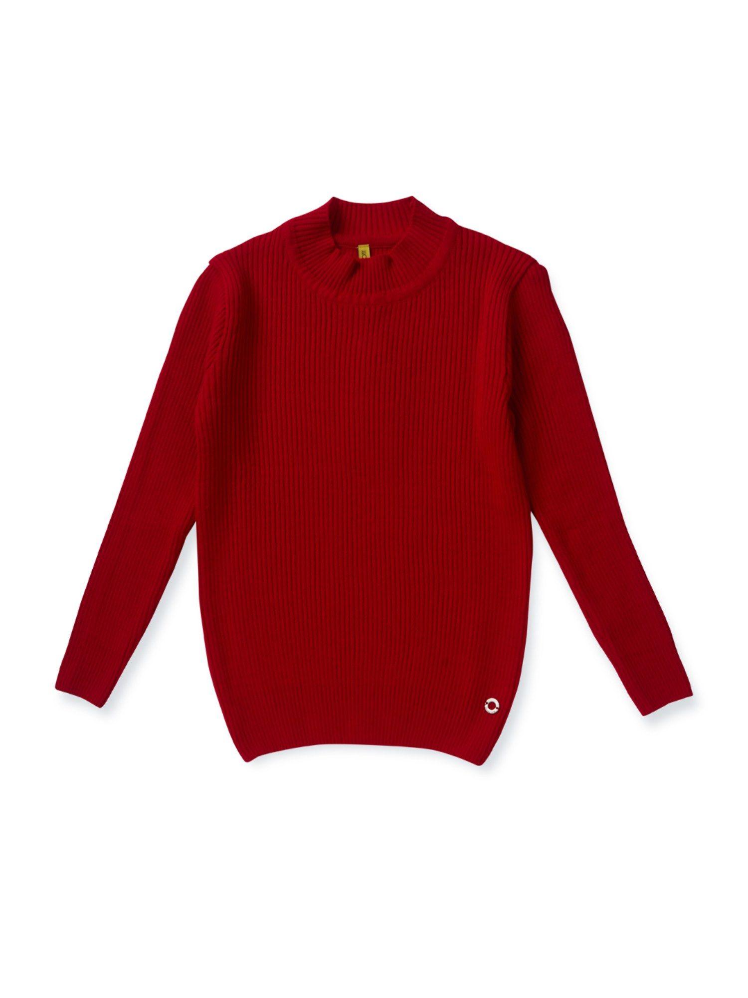girls red knitted solid-plain skivy full sleeves