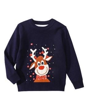 girls reindeer knitted round-neck pullover with ribbed hem