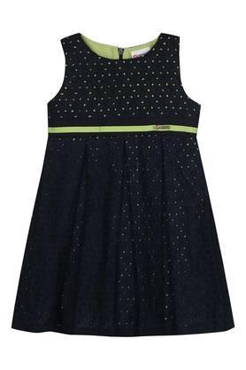 girls round neck embroidered pleated dress - navy