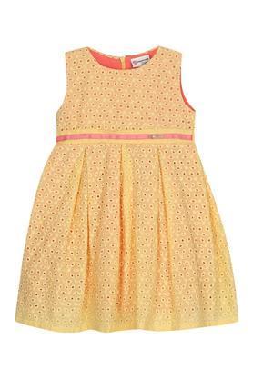 girls round neck embroidered pleated dress - yellow
