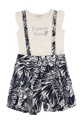 girls round neck foliage printed pinafore dungarees with top - navy