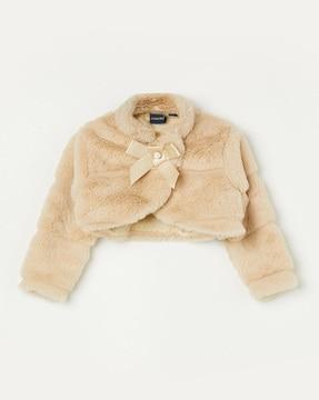 girls round-neck jacket with bow accent
