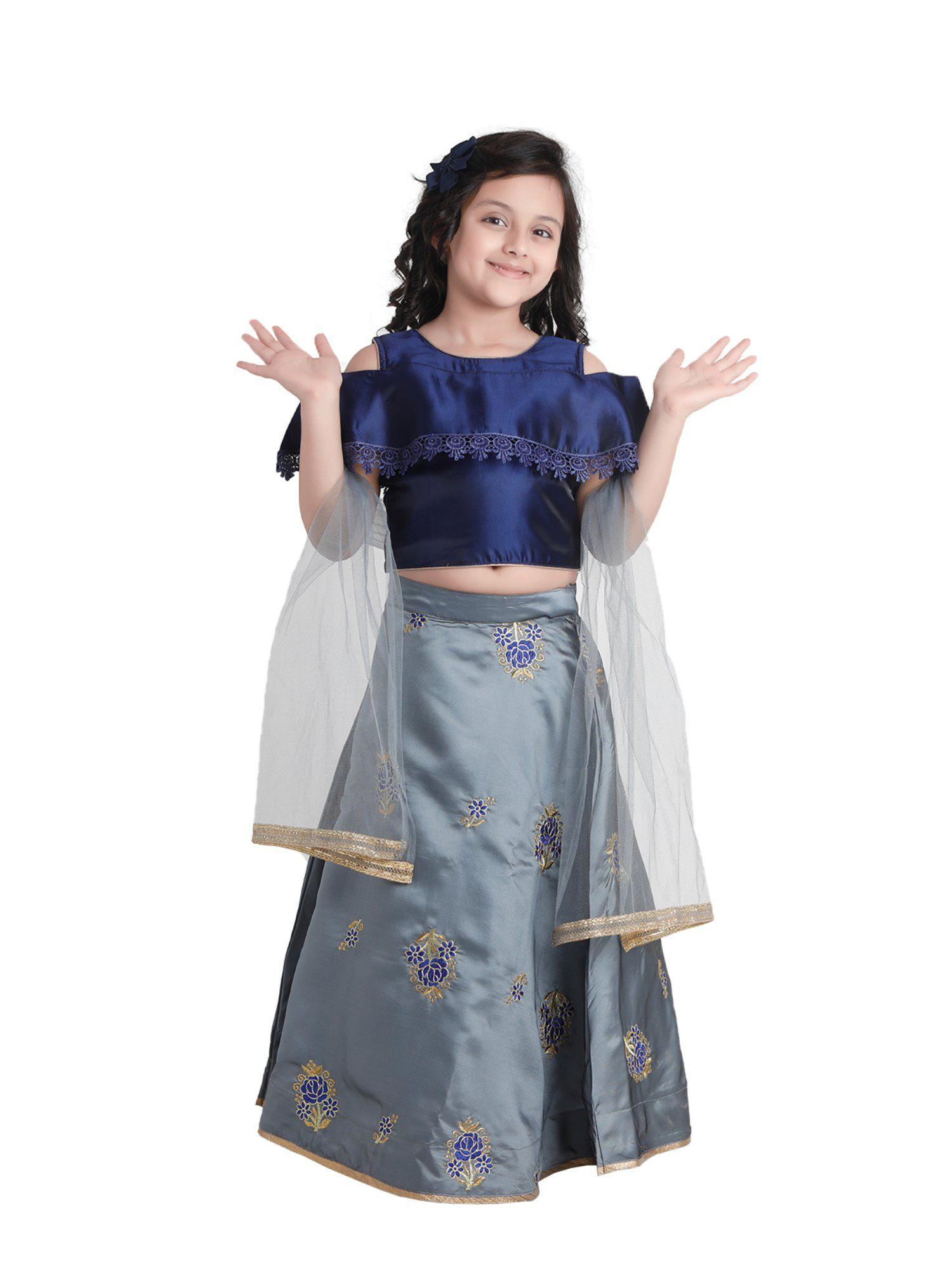 girls satin blend ethnic wear lehenga choli (set of 3)