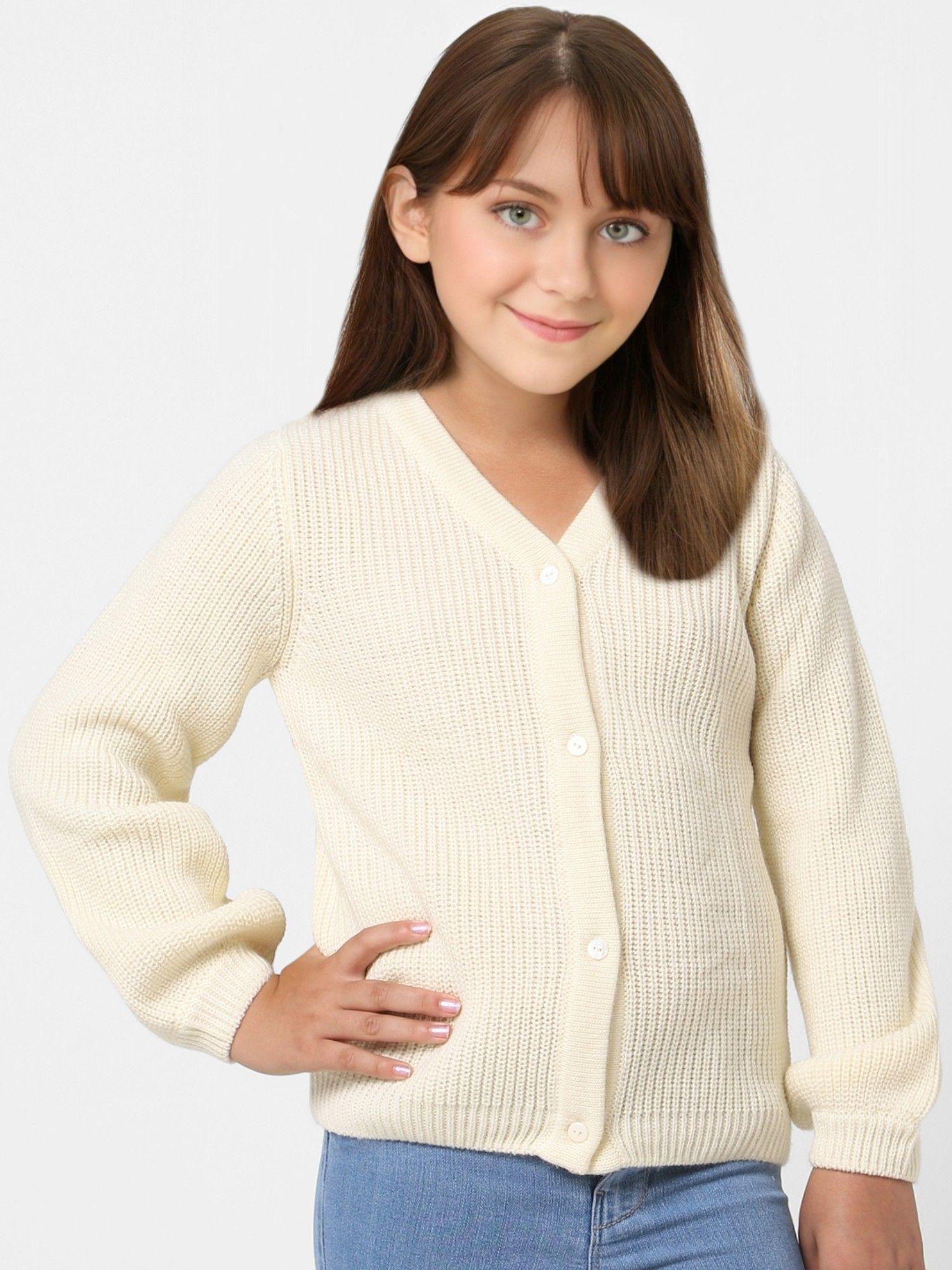 girls solid casual cream sweater