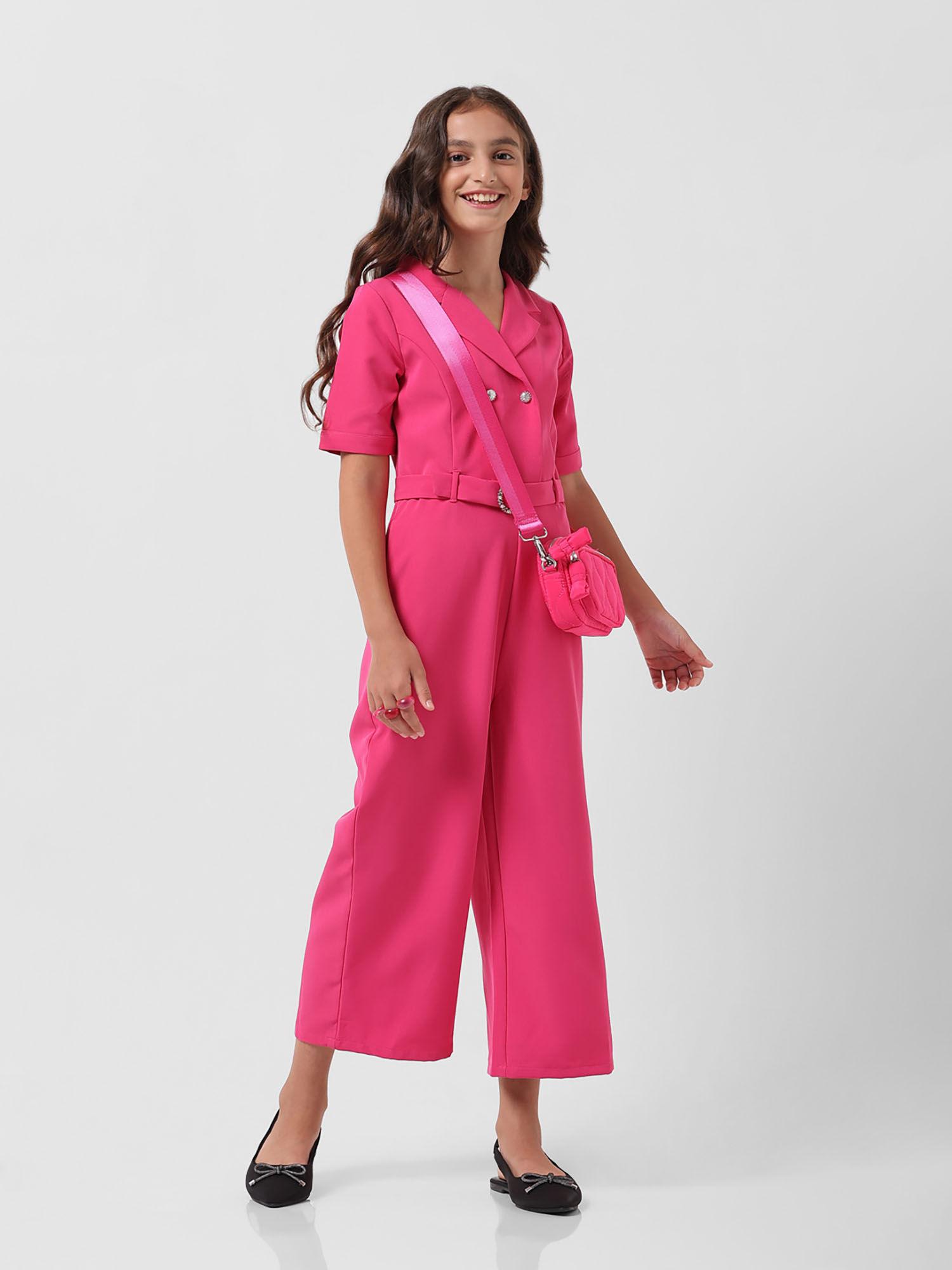 girls solid pink jumpsuit with belt (set of 2)