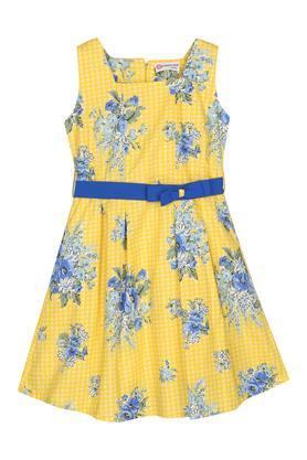 girls square neck floral print flared dress - yellow