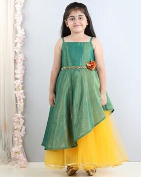 girls square-neck fit & flare dress with floral applique