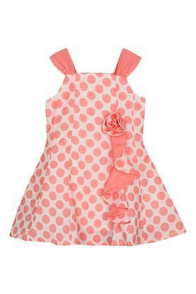 girls strappy neck corsage polka dots flared dress - peach