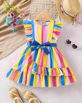 girls striped a-line dress with ruffled detail