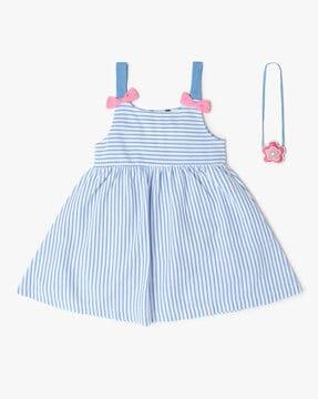 girls striped fit & flare dress with bag