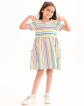 girls striped round-neck fit & flare dress