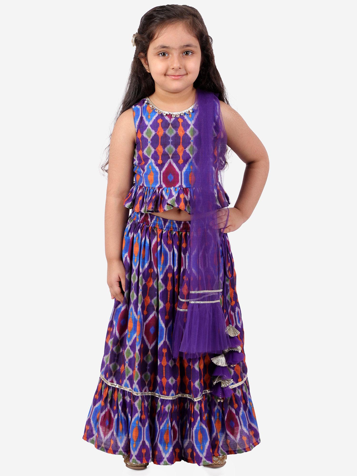 girls stylish printed choli with ghaghra & dupatta set-purple