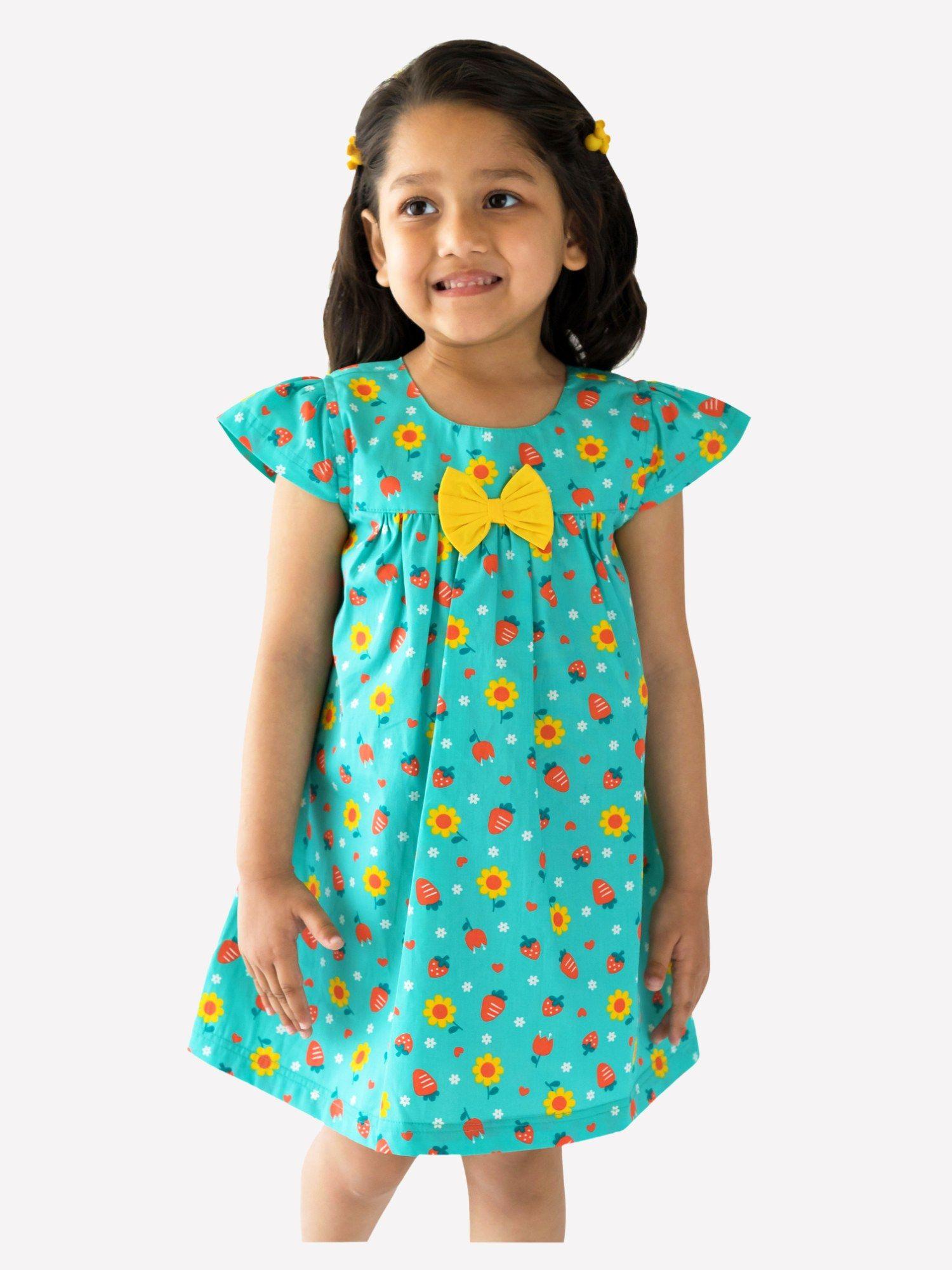 girls suzy dress with bow floral print turquoise blue